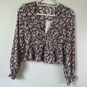 Lush Red Floral Ruffle Blouse NWT